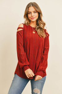 Thumbnail for Riah Fashion - Ladder Open Shoulder Long Sleeved Rib Detail Top - 4 COLORS -