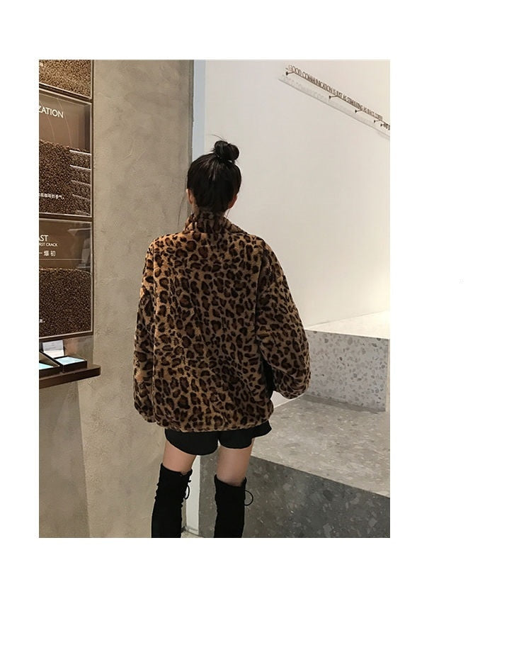 Sharon Tatem - Winter Leopard Print - Stand Collar - Warm Parka - Loose Faux Fur -