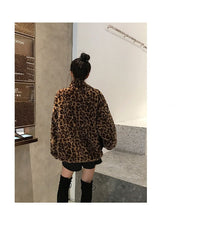 Thumbnail for Sharon Tatem - Winter Leopard Print - Stand Collar - Warm Parka - Loose Faux Fur -