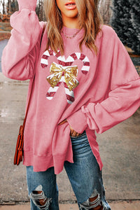 Thumbnail for Sequin Candy Cane Round Neck Slit Sweatshirt - T - 2 COLORS -