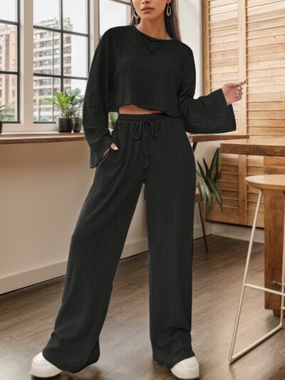 Ribbed Round Neck Top and Drawstring Pants Set - 2 PCS. - T - 7 COLORS -