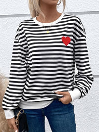 Thumbnail for Heart Patch Striped Round Neck Long Sleeve Sweatshirt - T - 1 COLOR -