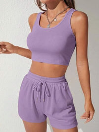 Thumbnail for Scoop Neck Wide Strap Top and Drawstring Shorts Set - 2 PCS. - T - 9 COLORS -