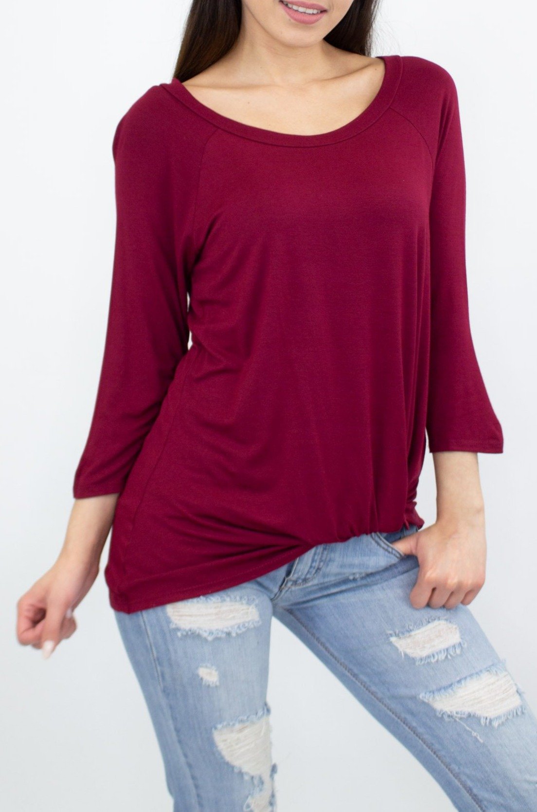 Stylespect - Twisted Front Comfortable Top - Wine - 1 COLOR -