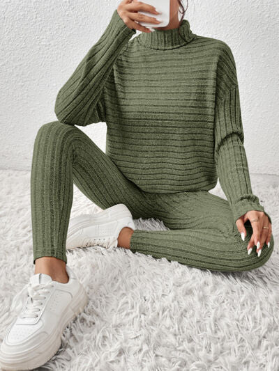 Ribbed Turtleneck Top and Pants Set - 2 PCS. - T - 5 COLORS -