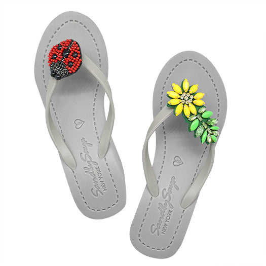 SAND BY SAYA N.Y. - Ladybug & Daisy - Red and Yellow Embellished Motifs Women's High Wedge Flip Flops Sandal - 3 COLORS -