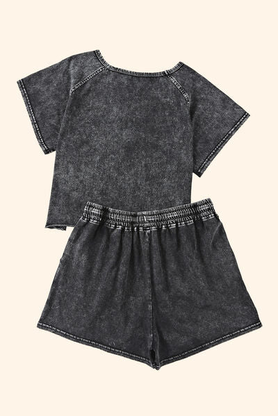 Heathered Round Neck Top and Shorts Lounge Set - 2 PCS. - T - 1 COLOR -