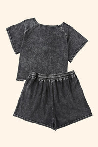 Thumbnail for Heathered Round Neck Top and Shorts Lounge Set - 2 PCS. - T - 1 COLOR -