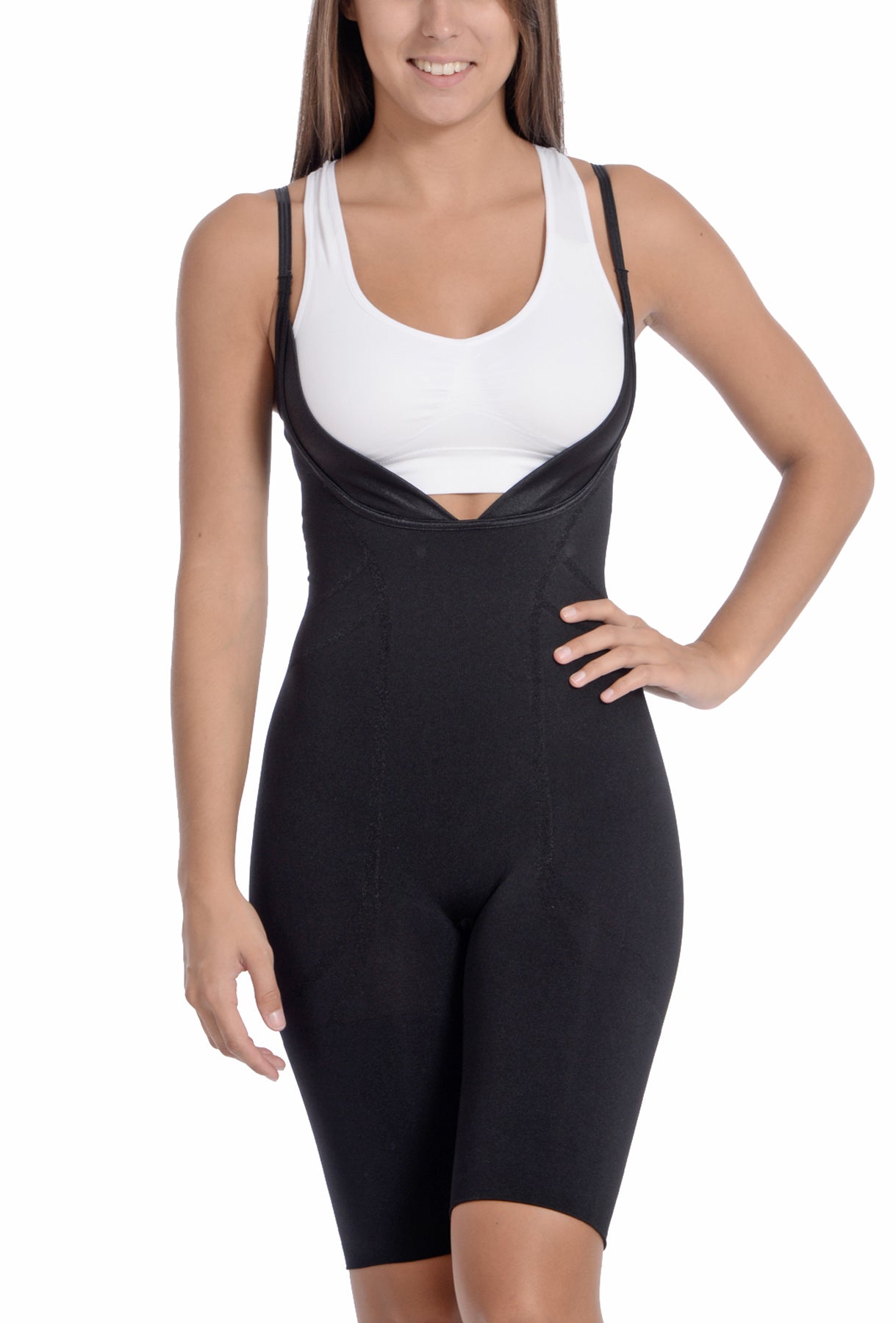 Seamless "Wear Your Own Bra" Bodysuit Shaper With Extra Long Boyleg Black -