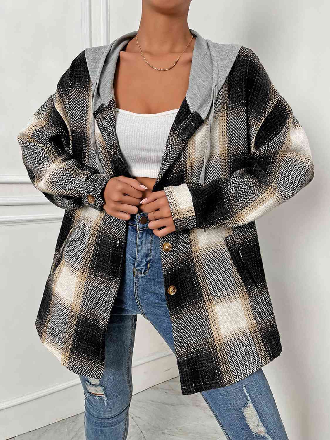 Plaid Drawstring Hooded Jacket - T - 1 COLOR -