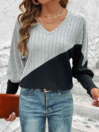 Thumbnail for Contrast Buttoned V-Neck Blouse - T - 4 COLORS -