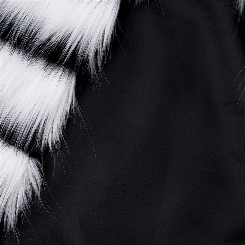 Sharon Tatem - Black and White Striped Faux Fur Coat Fur Coat - Elegant Fur Coat - Long Sleeve Collarless Casual -