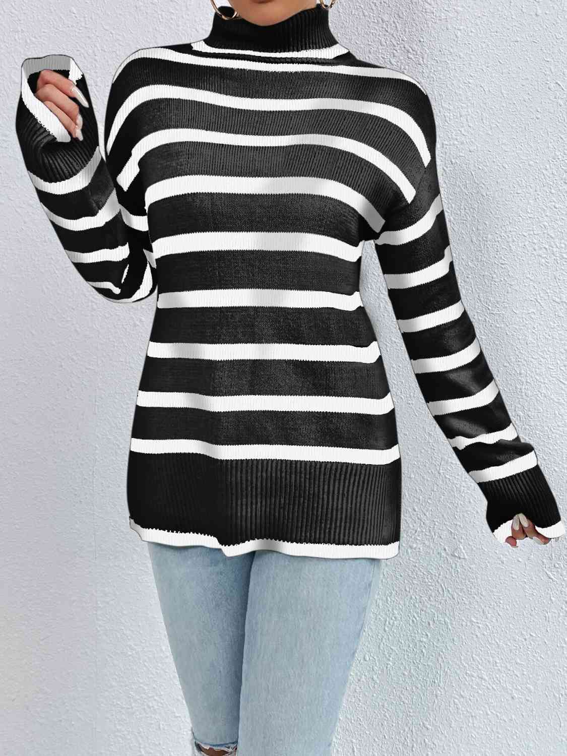 Striped Turtleneck Drop Shoulder Sweater - T - 3 COLORS -