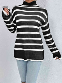 Thumbnail for Striped Turtleneck Drop Shoulder Sweater - T - 3 COLORS -