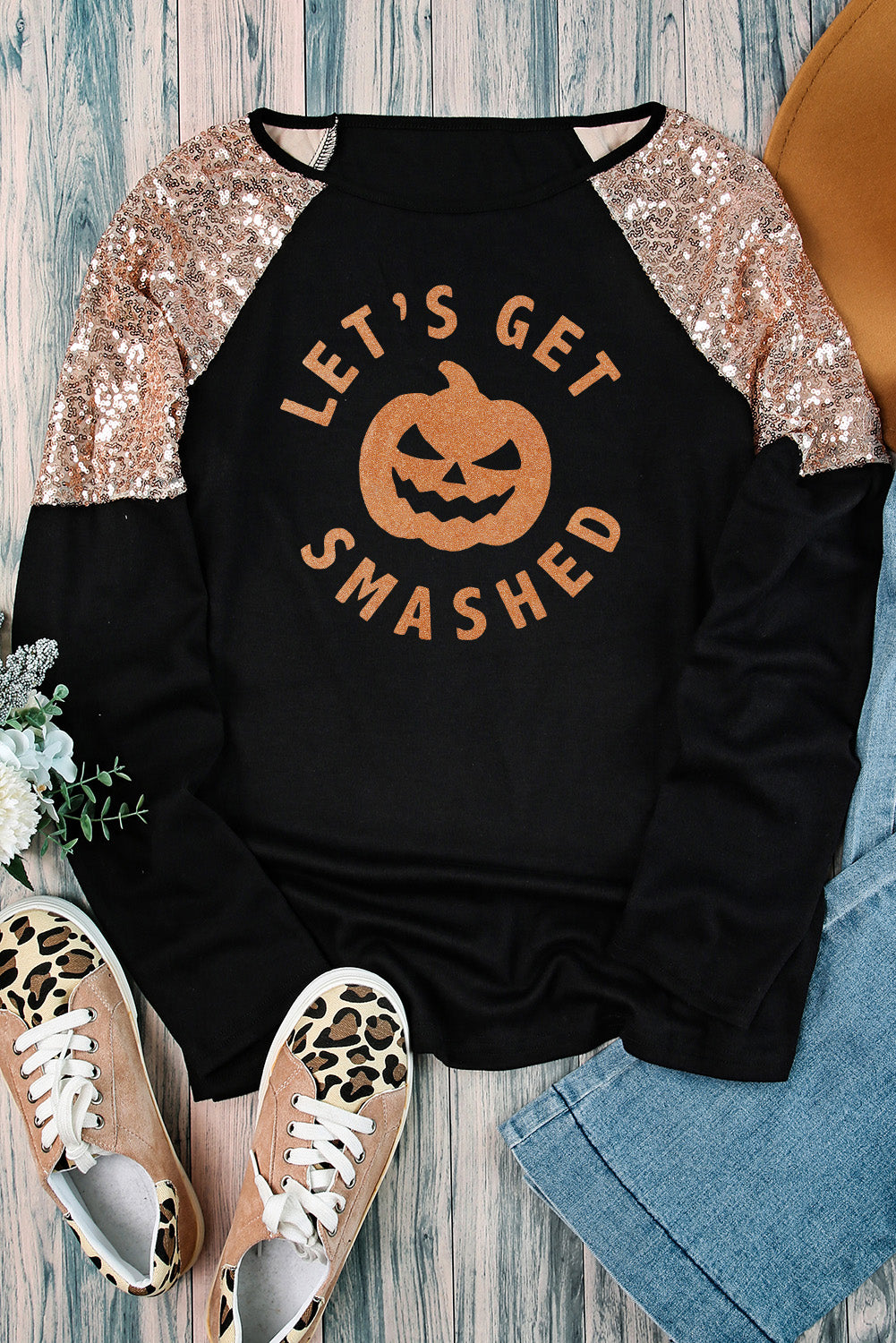 Graphic Sequin Long Sleeve Top - T - 1 COLOR -