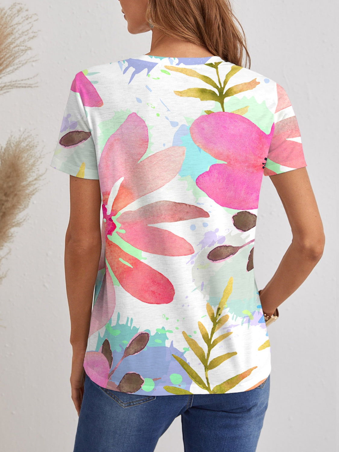 Printed V-Neck Short Sleeve T-Shirt - T - 1 COLOR -