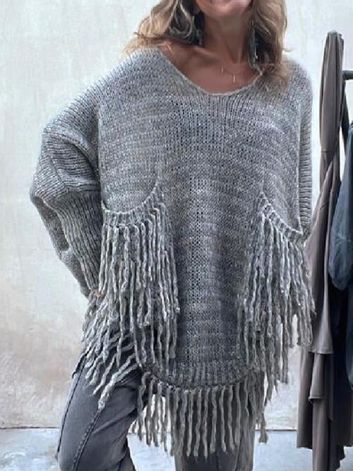 Fringe Detail Long Sleeve Sweater with Pockets - T - 3 COLORS -