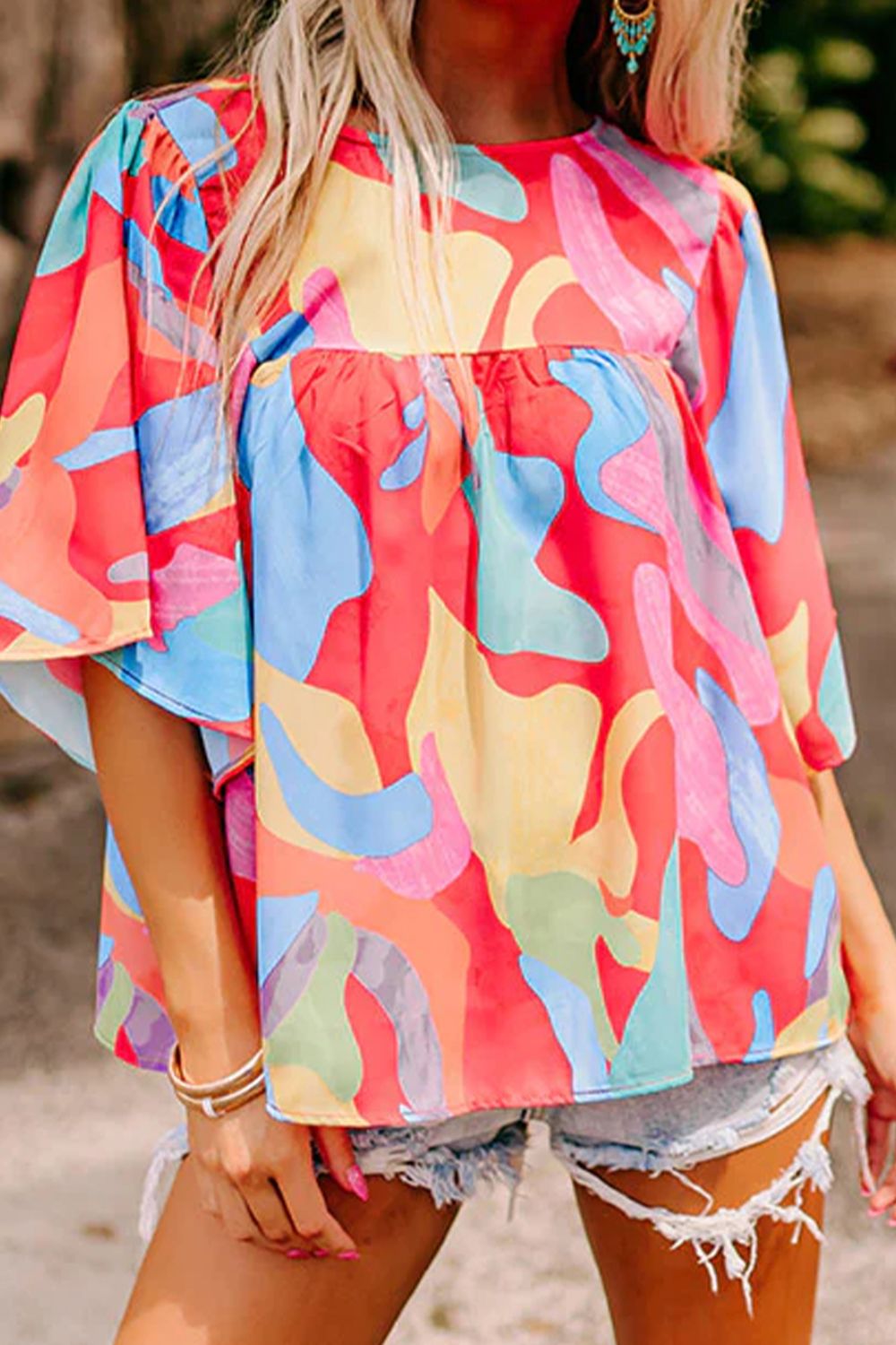 Printed Round Neck Half Sleeve Blouse - T - 1 MULTI COLOR -