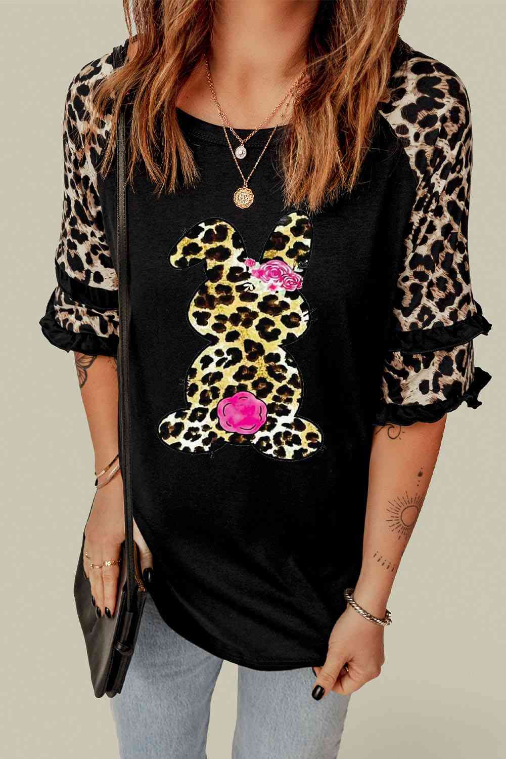 Easter Leopard Frill Trim Half-Sleeve Top - T - 1 COLOR -