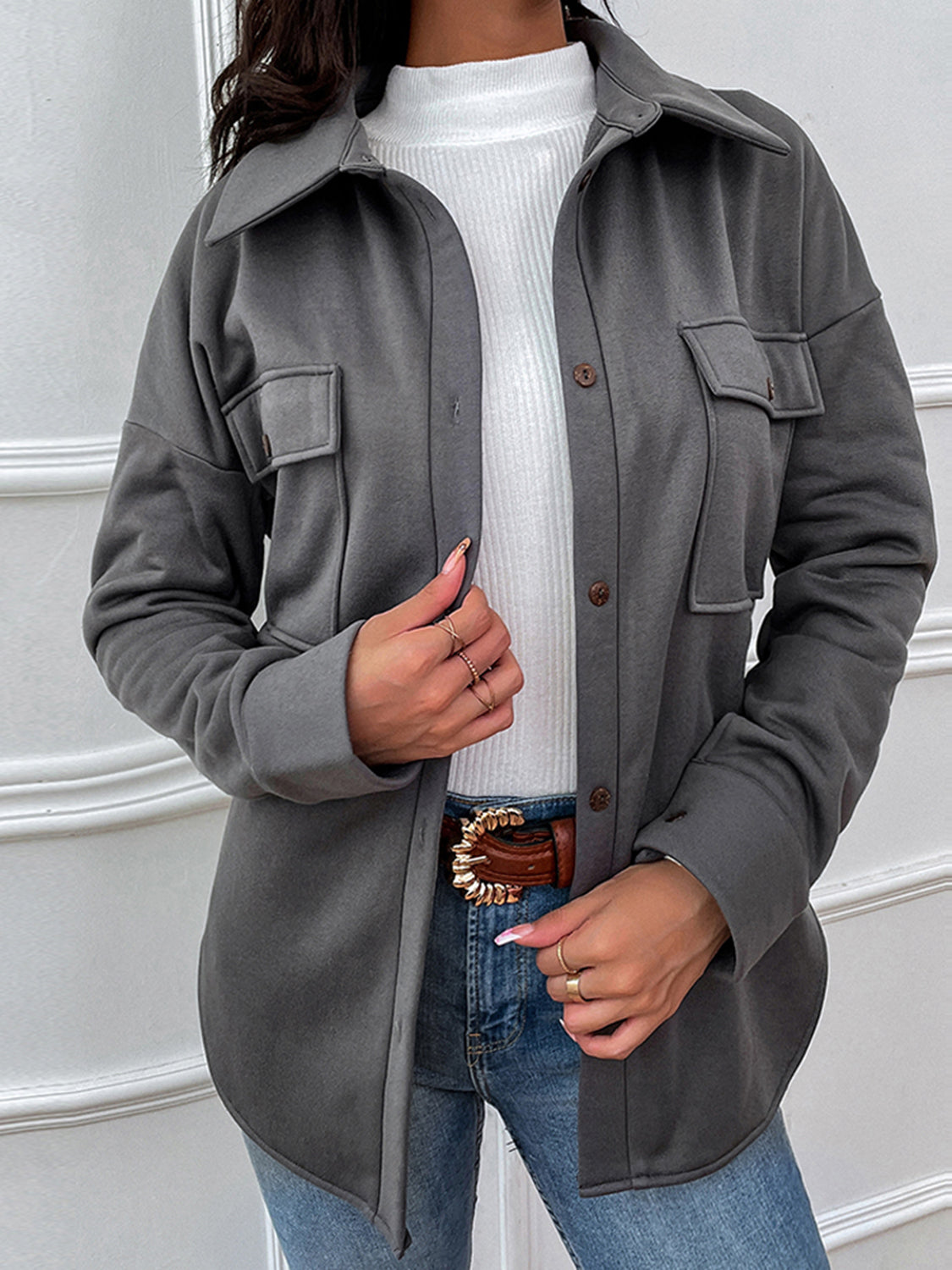 Button Down Dropped Shoulder Jacket - T - 1 COLOR -