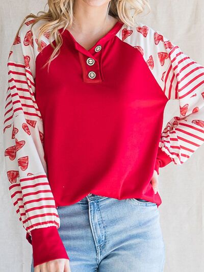 Heart Striped Quarter Button Long Sleeve T-Shirt - T - 1 COLOR -