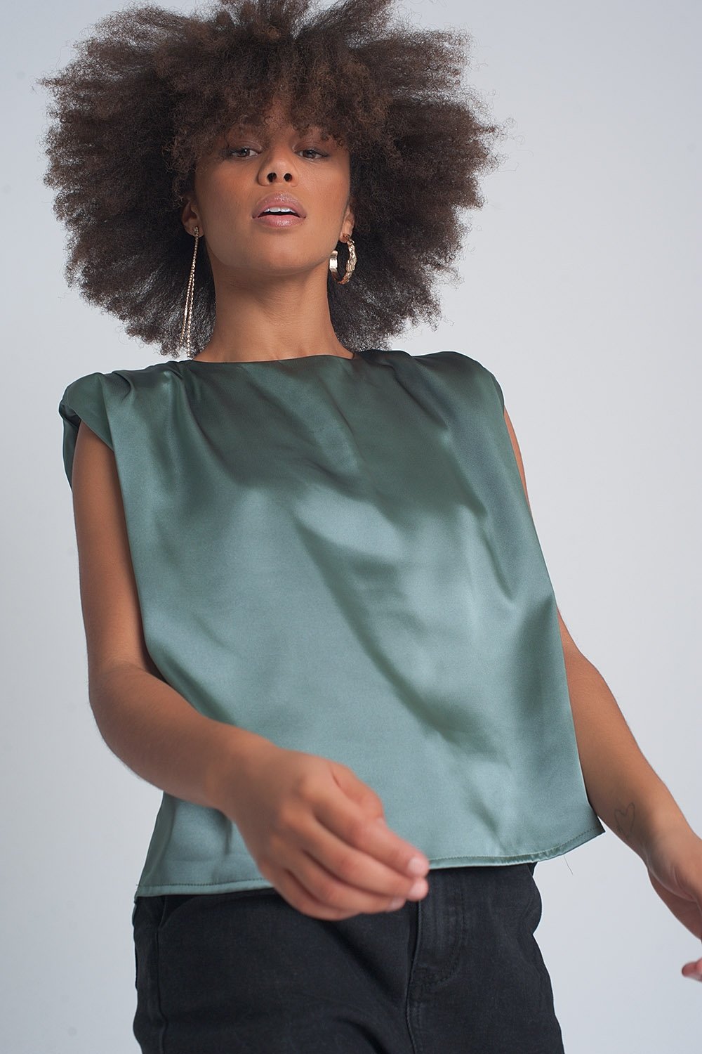 Q2 - Gathered Satin Shoulder Pad Sleeveless Top in Green - 1 COLOR