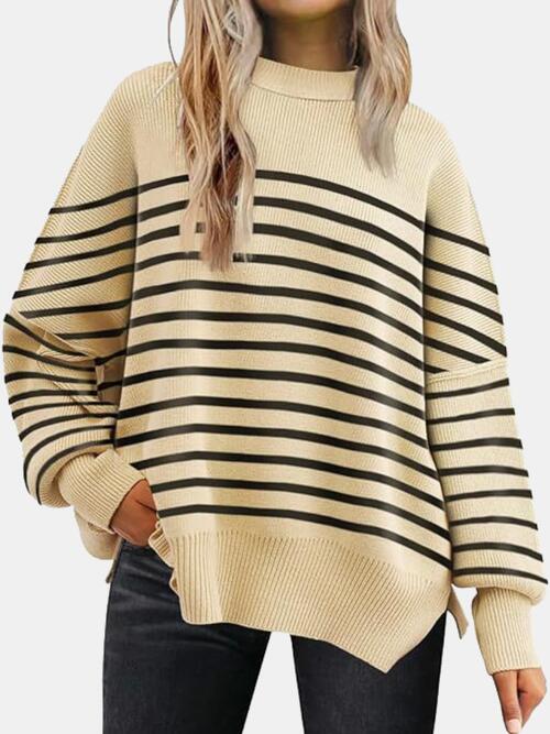 Round Neck Drop Shoulder Slit Sweater - T - 13 COLORS/STRIPES -