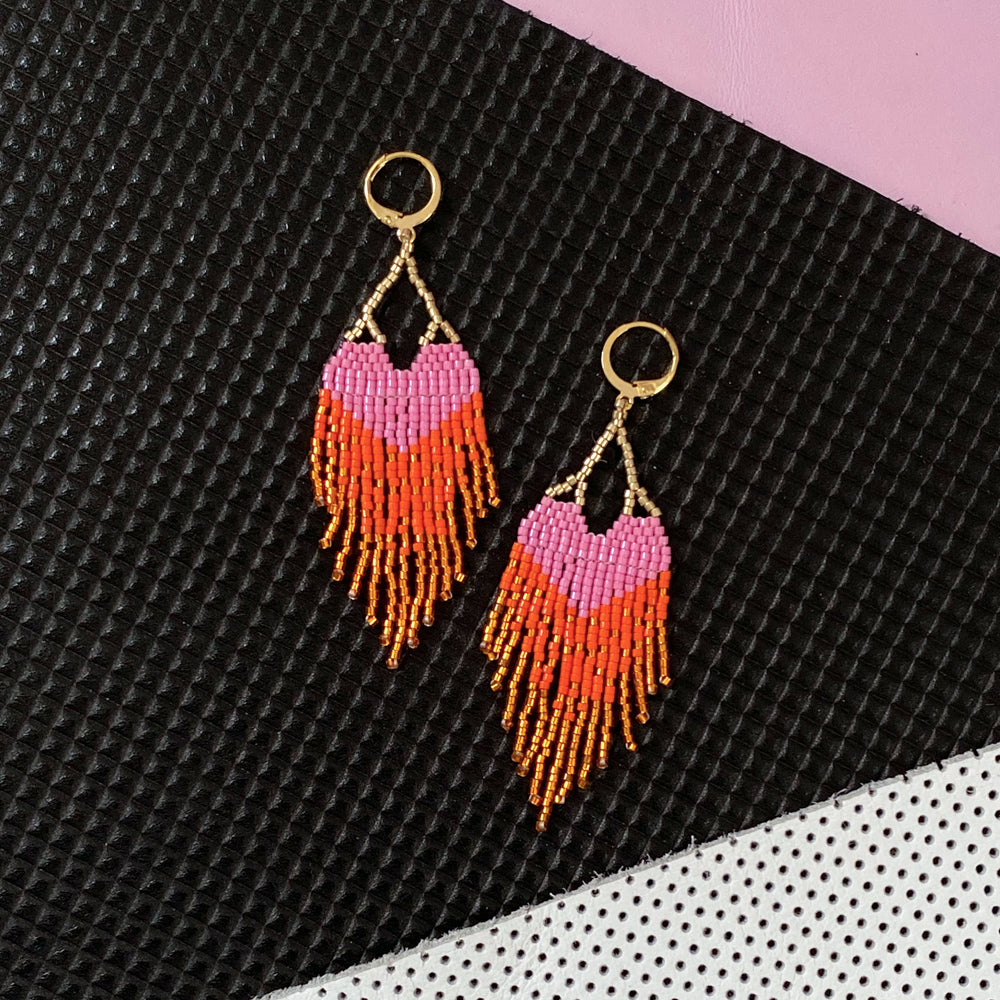 Shh By Sadie - LOVE - Pink Heart Ombre Fringe Earrings -