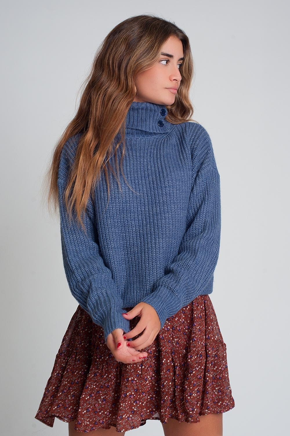 Q2 - Knitted Sweater With Buttons and High Collar in Blue - 1 COLOR -