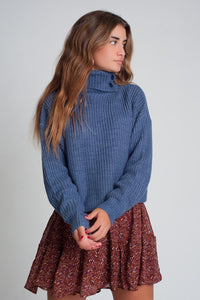 Thumbnail for Q2 - Knitted Sweater With Buttons and High Collar in Blue - 1 COLOR -