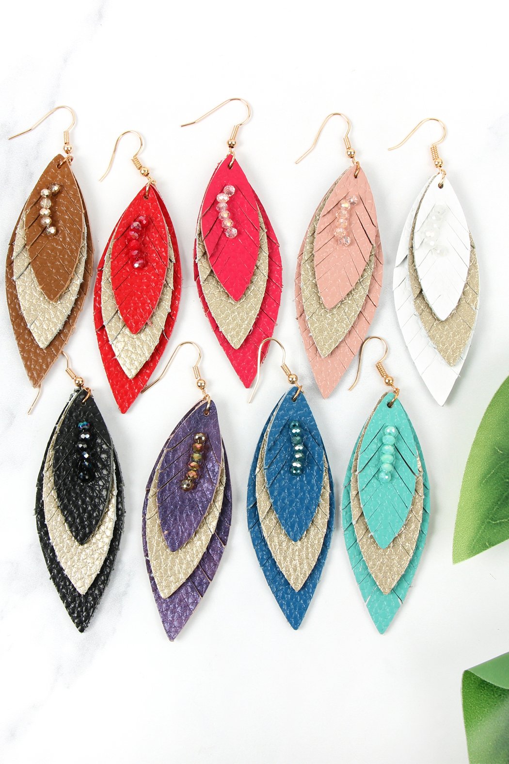 Three Layer Fringe Leather Marquise Earrings - 14 COLORS -