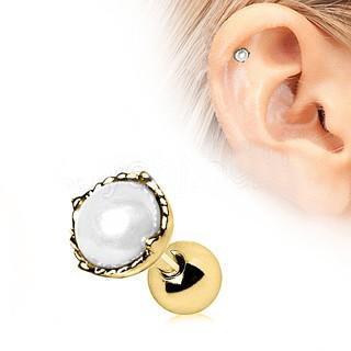 Gold Crown Pearl Cartilage Earring -