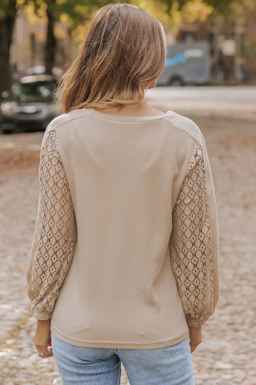 Waffle-Knit Round Neck Long Sleeve Blouse - T - 1 COLOR -