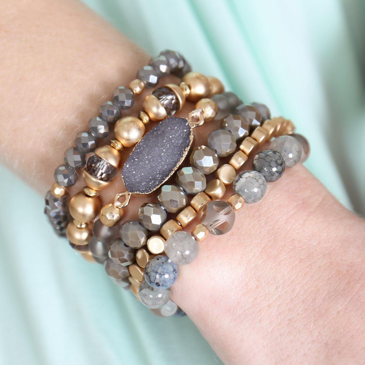 Riah Fashion - Multi Line Druzy Stone Charm Bracelet - 6 COLORS -