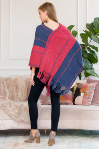 Thumbnail for Riah  Fashion - Red Blue Two Tone Chain Print Fringe Poncho - 1 COLOR -