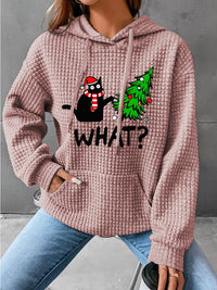 Thumbnail for Full Size WHAT Graphic Waffle-Knit Long Sleeve Drawstring Hoodie T - 6 COLORS -