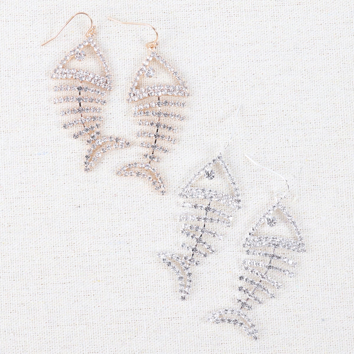 Riah Fashion - Fish Bone Rhinestone Dangling Earrings - 2 COLORS -