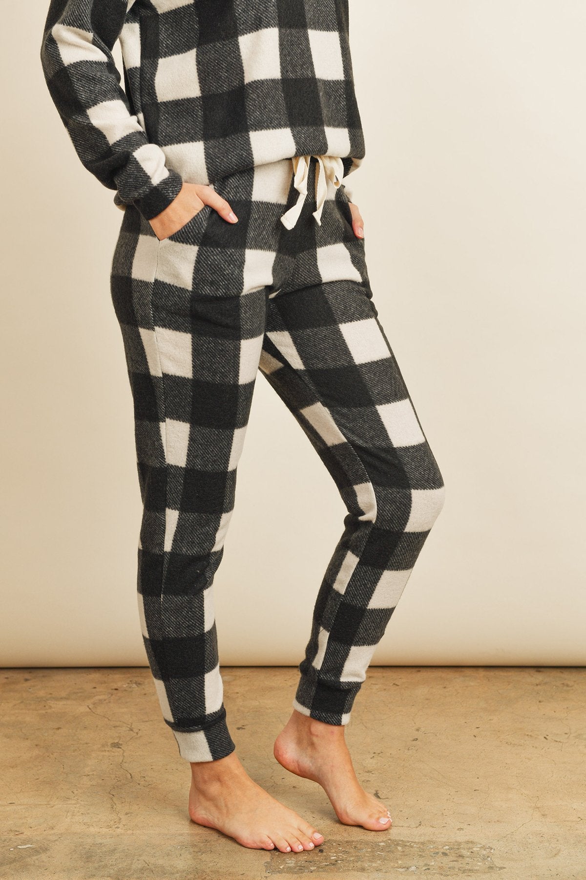 Riah Fashion - Brushed Plaid Top and Joggers Set With Self Tie - 2 PCS - 2 COLORS