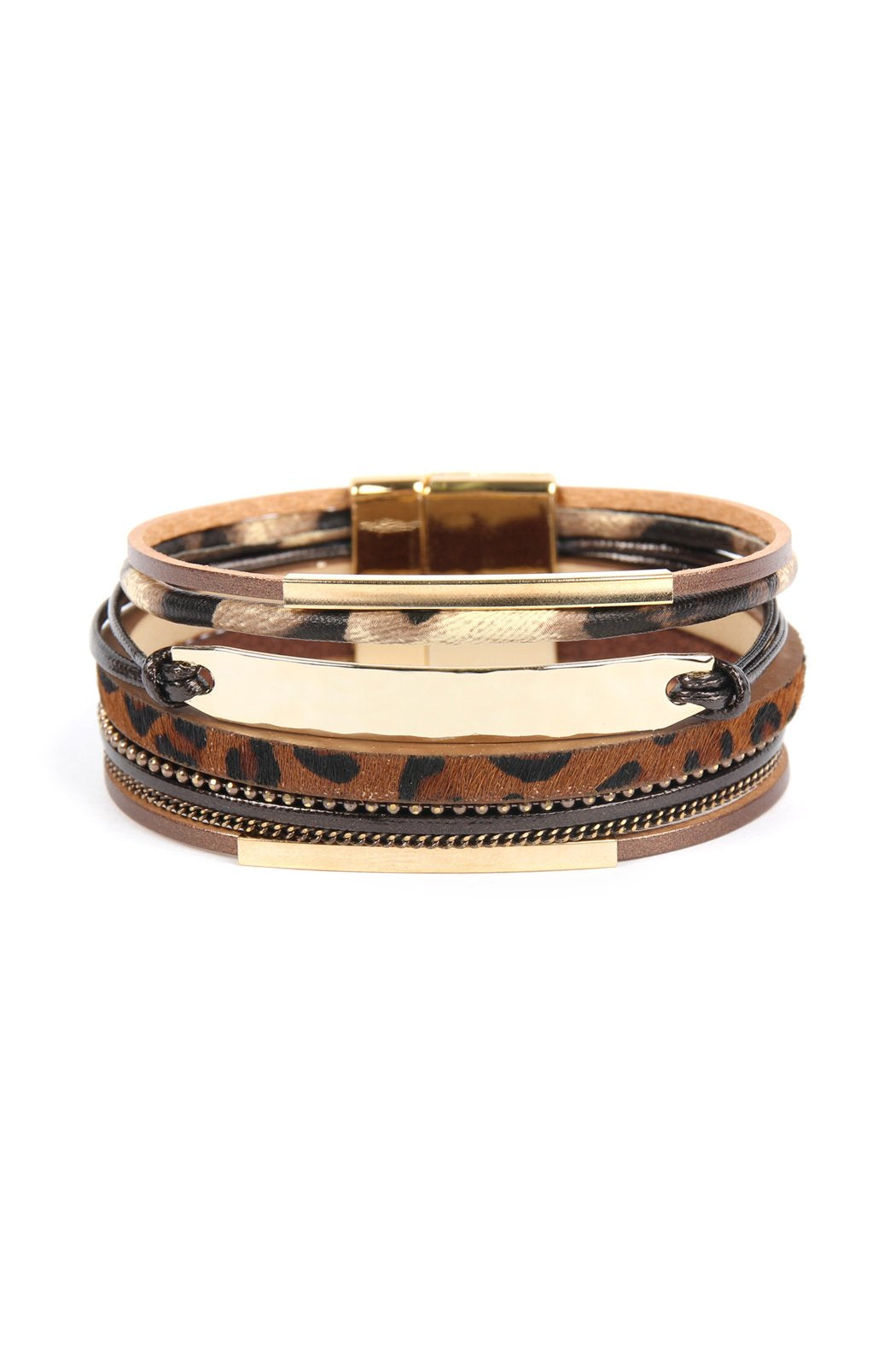 Riah Fasion - Leopard Leather Bar Wrap Bracelet - 3 COLORS -