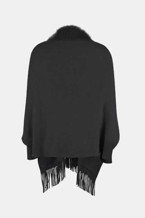 Fringe Open Front Long Sleeve Poncho - 1 SIZE - T - 6 COLORS -