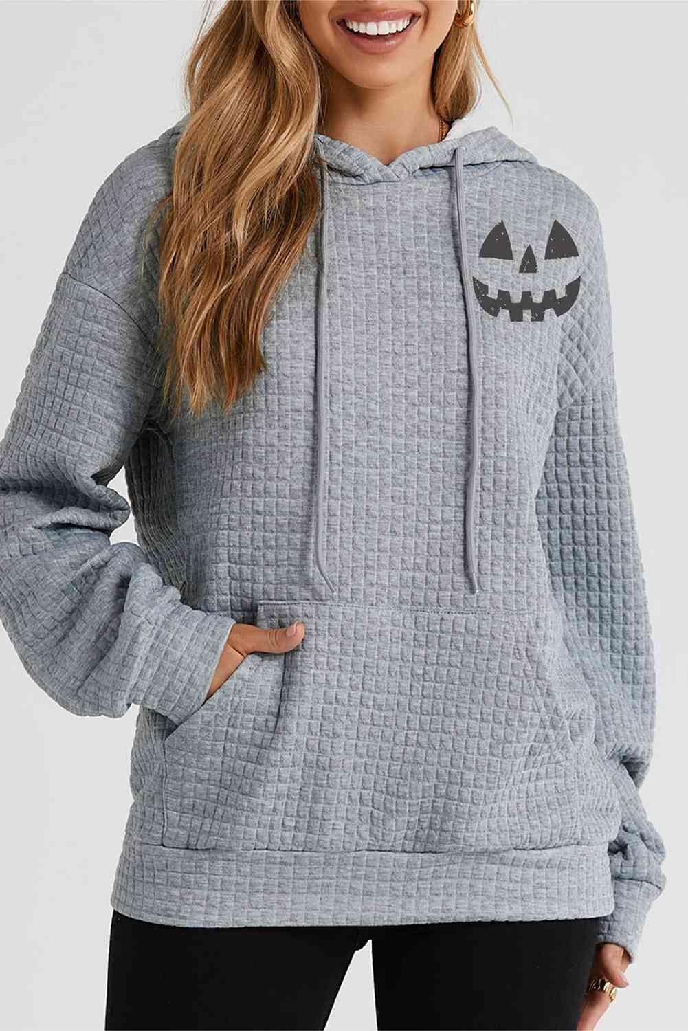 Pumpkin Face Graphic Drawstring Hoodie with Pocket - T - 1 COLOR -