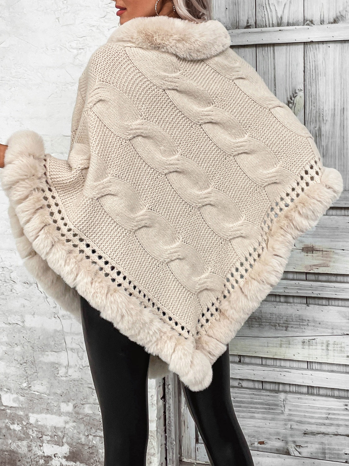 Faux Fur Trim Cable-Knit Poncho - T - 1 COLOR -