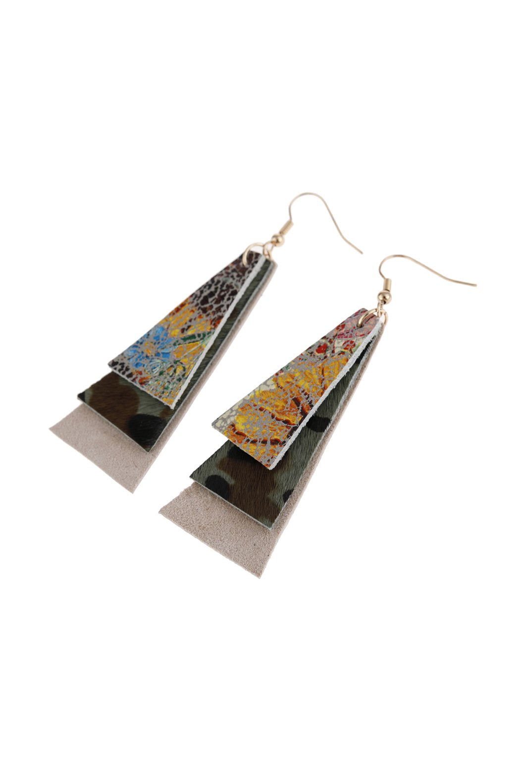 Animal Print Layered Leather Trapezoid Hook Earrings - 5 STYLES -