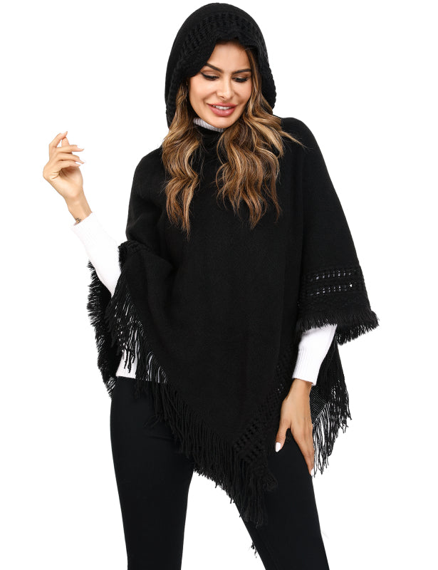 Women's Print or Plain Fringe Hooded Knit Cape Shawl - K - 2 Print patterns - 4 COLORS -