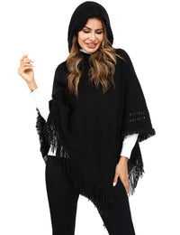 Thumbnail for Women's Print or Plain Fringe Hooded Knit Cape Shawl - K - 2 Print patterns - 4 COLORS -