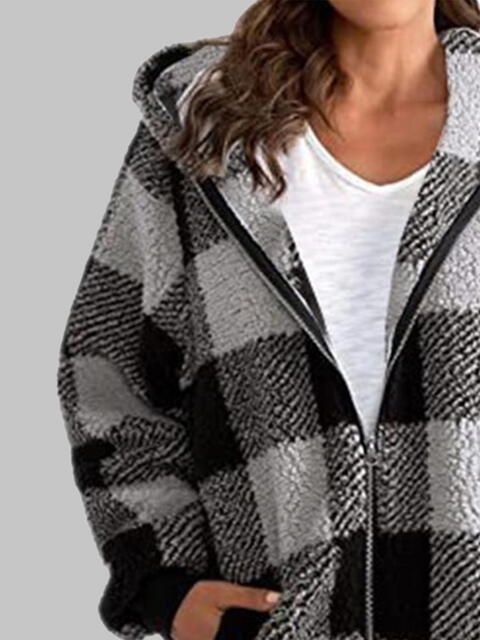 Plaid Zip-Up Hooded Jacket with Pockets - T - 7 COLORS -