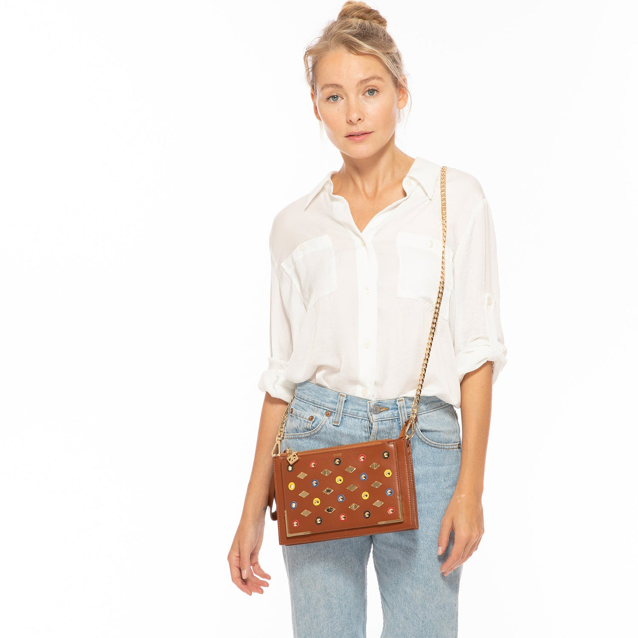 Studded Crossbody Brown Clutch -