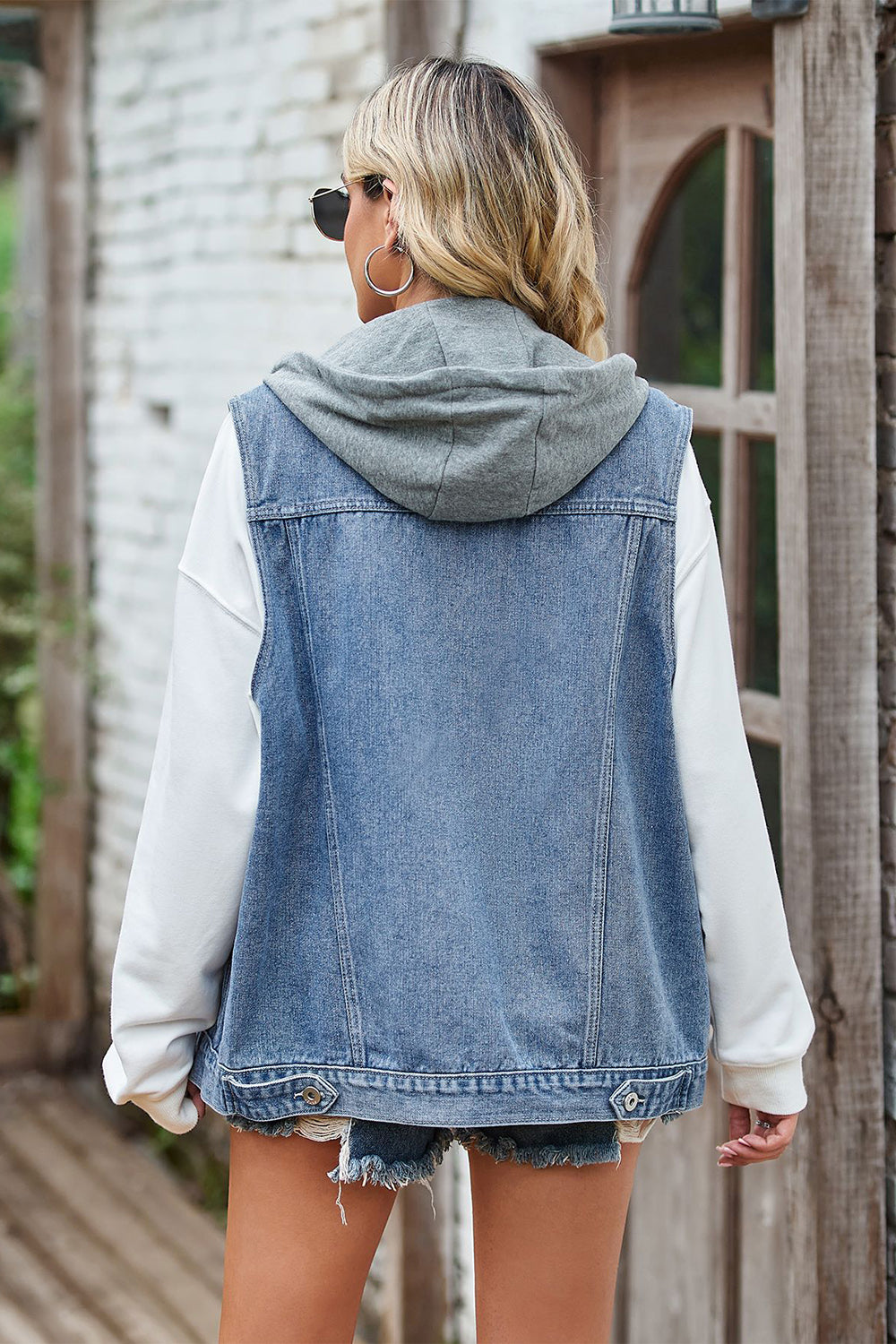 Sleeveless Hooded Denim Jacket with Pockets - T - 1 COLOR -