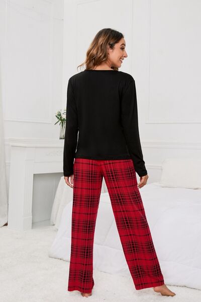 Round Neck Long Sleeve Top and Bow Plaid Pants Lounge Set - 2 PCS. - T - 3 COLORS -