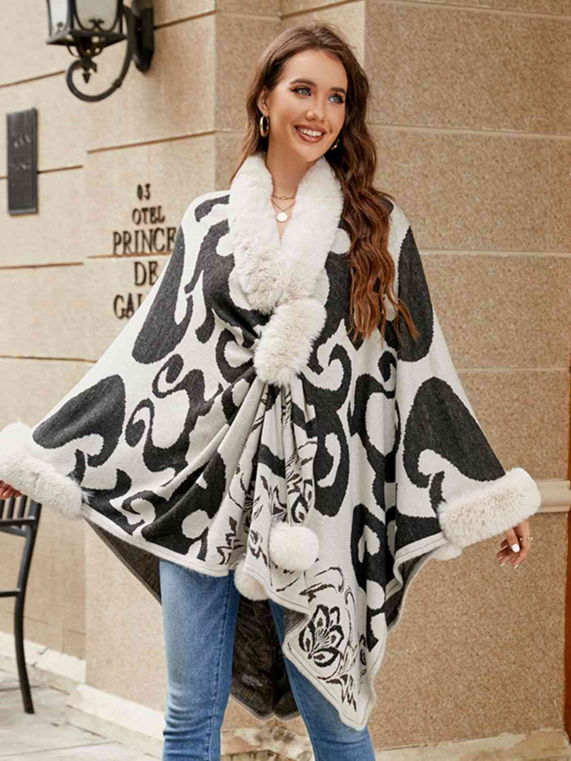 Faux Fur Trim Poncho - T - 5 COLORS -